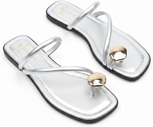 Women'S Strappy Flat Toe Ring Sandals Fashionable Square Open Toe Slip-On Slide Sandals Casual Summer Beach Flop Flat Slipper in Saudi Arabia