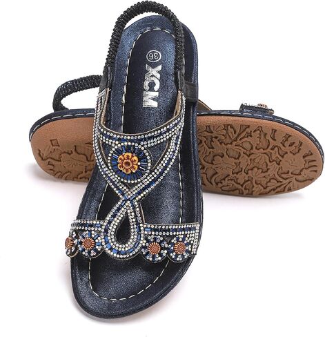 XCM Womens Bohemian Flats Sandals Dressy Rhinestones Elastic Ankle Strap | Comfortable Boho Flip Flops Sandals Arch Support Summer Beach Shoes Walking Casual Vacation in Saudi Arabia