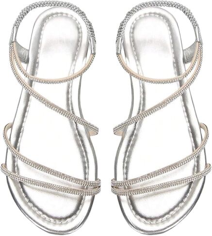 GORGLITTER Women's Rhinestone Strappy Sparkly Sandals Criss Cross Leather Open Toe Ankle Strap Flat Sandals Wedding Dressy Shoes in Saudi Arabia