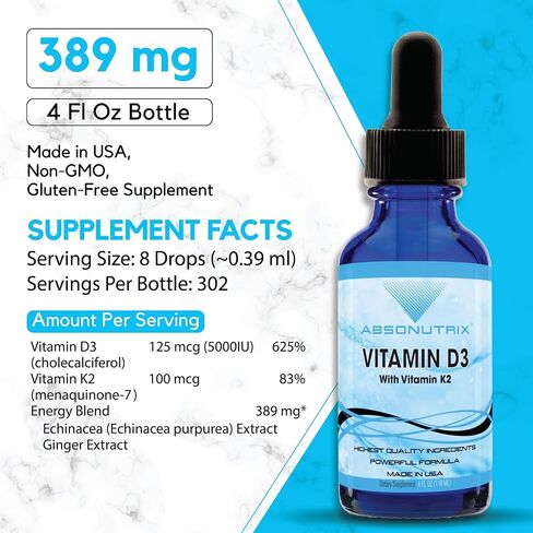 Vitamin D3 K2 Drops, 390mg, 4 Oz Liquid | 302 Servings, Made in USA, Quick Absorption, Non-GMO, GMP Certified in Saudi Arabia