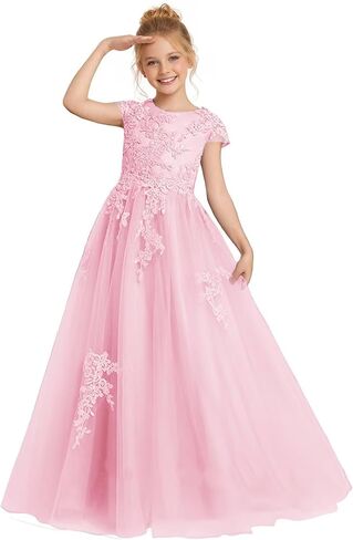 Lace Applique Junior Bridesmaid Dress Tulle Flower Girl Dresses Cap Sleeves First Communion Baptism Formal Gown 004 in Saudi Arabia