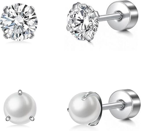 2 Pairs Hypoallergenic Implant Grade Titanium Stud Earrings for Sensitive Ears Women | Stackable 20G Simulated Pearl/Opal & CZ Flat Screw Back Sleeping Earrings in Saudi Arabia
