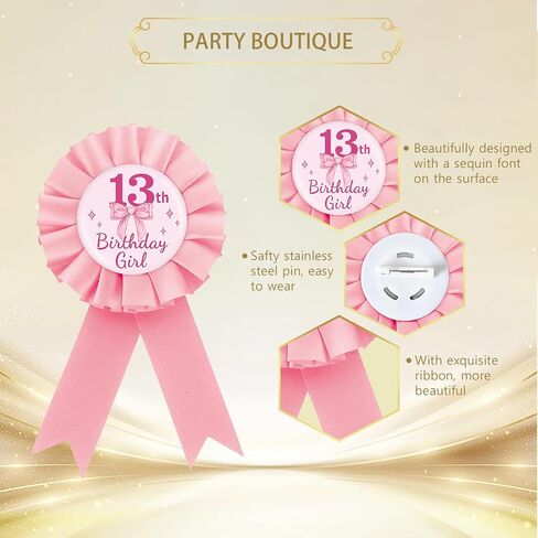 دبوس شارة صفيح لعيد الميلاد الثالث عشر من Pink Bow، دبوس زر لعيد الميلاد الثالث عشر لفتاة عيد الميلاد الوردي Rosette، قوس Coquette ثلاثة عشر جائزة شريط بروش لوازم الحفلات in Kuwait