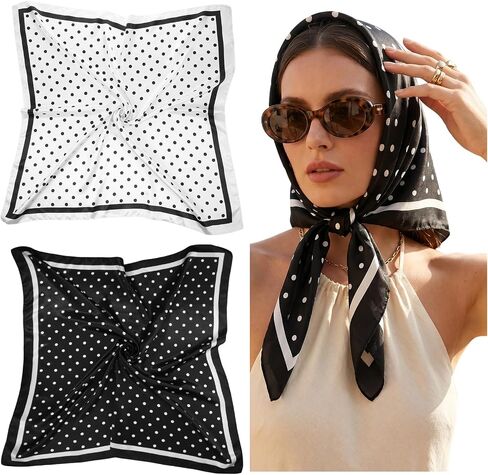 Polka Dots Head Scarf Square Satin Hair Scarf for Women Ladies Satin Bandanas Neck Scarves Silk Like Head Wrap for Hair Wrapping and Sleeping Bag Purse Handle Accessory Gifts, Black & White in Saudi Arabia
