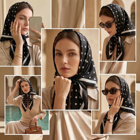 Polka Dots Head Scarf Square Satin Hair Scarf for Women Ladies Satin Bandanas Neck Scarves Silk Like Head Wrap for Hair Wrapping and Sleeping Bag Purse Handle Accessory Gifts, Black & White in Saudi Arabia