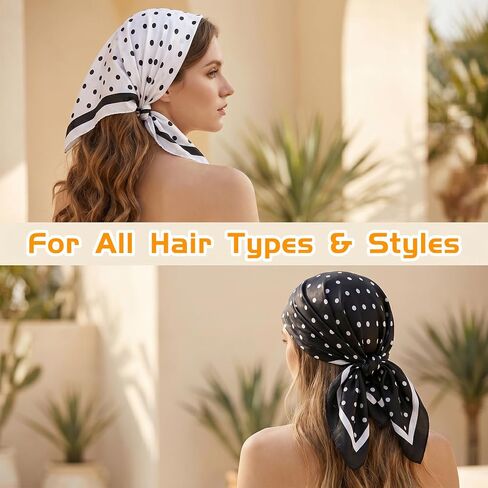 Polka Dots Head Scarf Square Satin Hair Scarf for Women Ladies Satin Bandanas Neck Scarves Silk Like Head Wrap for Hair Wrapping and Sleeping Bag Purse Handle Accessory Gifts, Black & White in Saudi Arabia