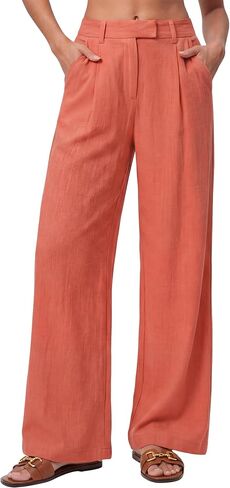 Allimy Womens Casual Wide Leg Pants High Waisted Business Trousers Dressy Back Elastic Linen Pants with Pockets in Saudi Arabia