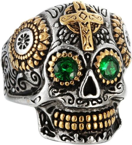 Day of the Dead Gothic Sugar Skull Ring - Stainless Steel Punk Cross Ring with Green/Red CZ Eyes, Vintage Biker Jewelry for Men Women in Kuwait