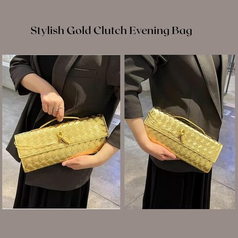 Woven Clutch Purses for Women, PU Leather Evening Bag,Crossbody Shoulder Handbag with Detachable Strap（Gold） in Saudi Arabia