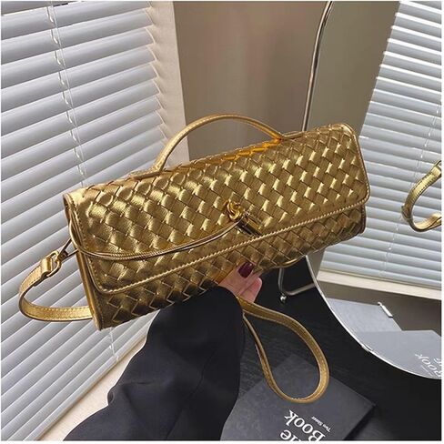 Woven Clutch Purses for Women, PU Leather Evening Bag,Crossbody Shoulder Handbag with Detachable Strap（Gold） in Saudi Arabia
