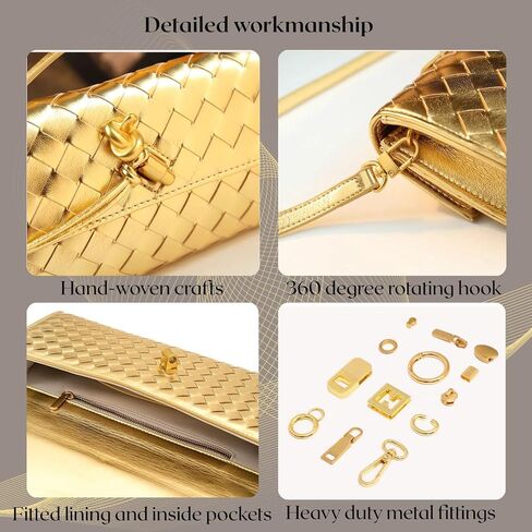 Woven Clutch Purses for Women, PU Leather Evening Bag,Crossbody Shoulder Handbag with Detachable Strap（Gold） in Saudi Arabia