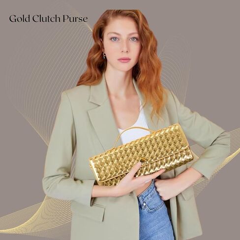 Woven Clutch Purses for Women, PU Leather Evening Bag,Crossbody Shoulder Handbag with Detachable Strap（Gold） in Saudi Arabia