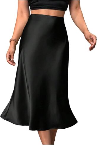 SOLY HUX Women's Plus Size Satin Midi Skirt High Waisted Flared Flowy Work Office Party Skirts in Kuwait