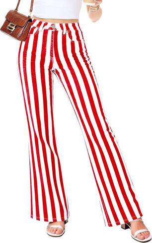 Womens High Waisted Stripes Bell Bottom Jeans Stretch Striped Flare Denim Pant in Saudi Arabia