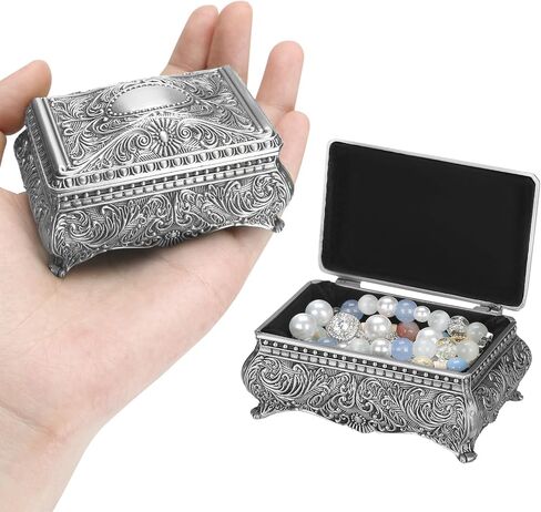 Vintage Metal Jewelry Gift Box with Floral Engraving, Small Antique Treasure Trinket Storage Chest for Rings Earring Necklace, Vanity Keepsake Holder Case for Women Home Decor (Antique Silver) in Saudi Arabia