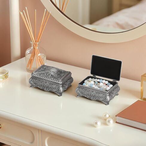 Vintage Metal Jewelry Gift Box with Floral Engraving, Small Antique Treasure Trinket Storage Chest for Rings Earring Necklace, Vanity Keepsake Holder Case for Women Home Decor (Antique Silver) in Saudi Arabia