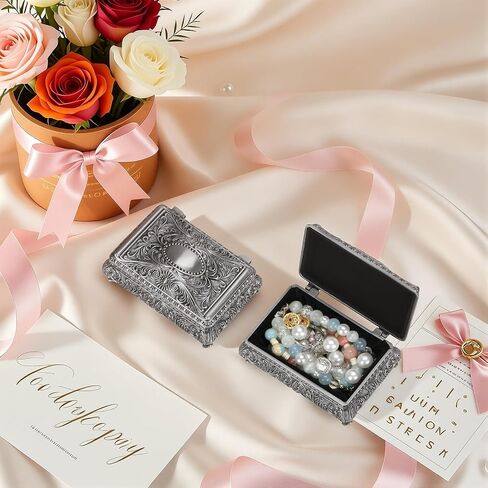 Vintage Metal Jewelry Gift Box with Floral Engraving, Small Antique Treasure Trinket Storage Chest for Rings Earring Necklace, Vanity Keepsake Holder Case for Women Home Decor (Antique Silver) in Saudi Arabia