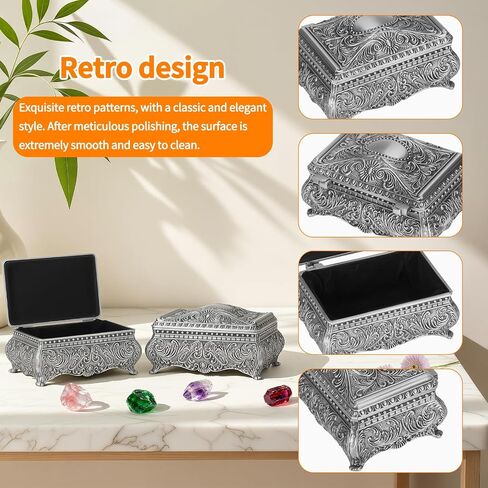 Vintage Metal Jewelry Gift Box with Floral Engraving, Small Antique Treasure Trinket Storage Chest for Rings Earring Necklace, Vanity Keepsake Holder Case for Women Home Decor (Antique Silver) in Saudi Arabia