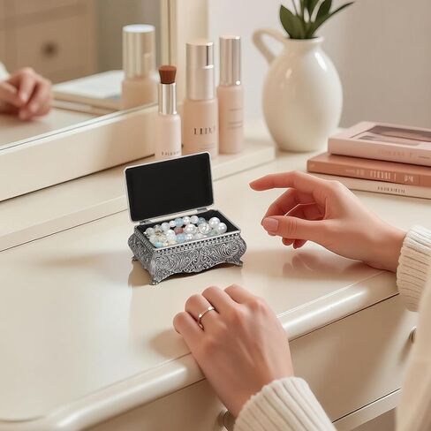 Vintage Metal Jewelry Gift Box with Floral Engraving, Small Antique Treasure Trinket Storage Chest for Rings Earring Necklace, Vanity Keepsake Holder Case for Women Home Decor (Antique Silver) in Saudi Arabia