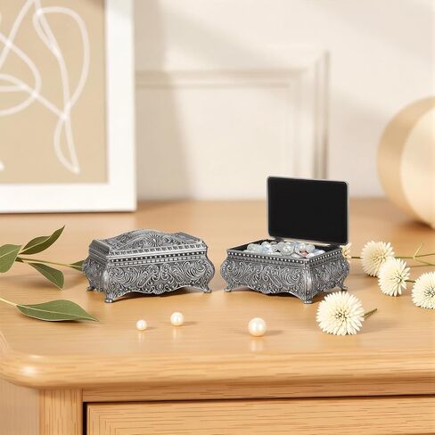 Vintage Metal Jewelry Gift Box with Floral Engraving, Small Antique Treasure Trinket Storage Chest for Rings Earring Necklace, Vanity Keepsake Holder Case for Women Home Decor (Antique Silver) in Saudi Arabia