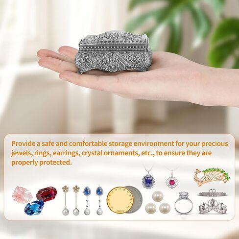 Vintage Metal Jewelry Gift Box with Floral Engraving, Small Antique Treasure Trinket Storage Chest for Rings Earring Necklace, Vanity Keepsake Holder Case for Women Home Decor (Antique Silver) in Saudi Arabia
