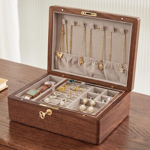 ZILAMPU Wooden Jewelry Box for Women, 2 Layer Solid Wooden Jewelry Box with Removable Tray, Vintage Velvet Lining Jewelry Storage Case with Lock for Necklace, Ring, Bracelet, Watch, Plain in Saudi Arabia