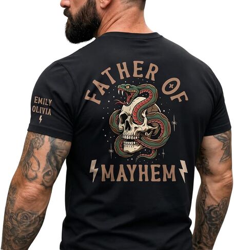 Father of Mayhem - Personalized Shirt, Custom Kids Names on Sleeve Father of Mayhem T-Shirt, Skull and Snake Graphic, Gift for Cool Daddy, Husband in Saudi Arabia