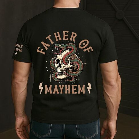 Father of Mayhem - Personalized Shirt, Custom Kids Names on Sleeve Father of Mayhem T-Shirt, Skull and Snake Graphic, Gift for Cool Daddy, Husband in Saudi Arabia