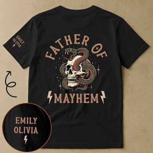 Father of Mayhem - Personalized Shirt, Custom Kids Names on Sleeve Father of Mayhem T-Shirt, Skull and Snake Graphic, Gift for Cool Daddy, Husband in Saudi Arabia