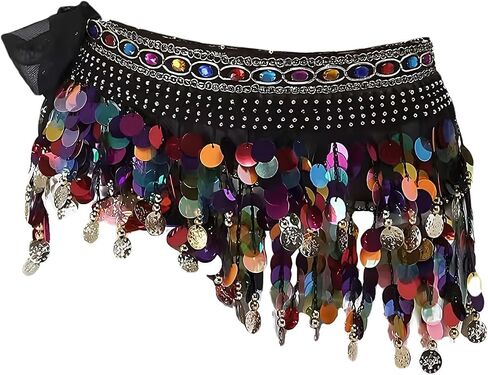 Belly Dance Hip Scarf for Women, Dancer Dancing Skirt with Gold Coins and Numerous Colored Sequins in Saudi Arabia