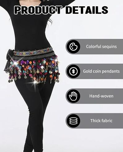 Belly Dance Hip Scarf for Women, Dancer Dancing Skirt with Gold Coins and Numerous Colored Sequins in Saudi Arabia