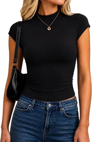 Women's Sleeveless Turtleneck Tops Slim Fit Mock Neck Cap Sleeve Soft Tank Tops Basic Stretchy Layer Tee Shirts in Saudi Arabia