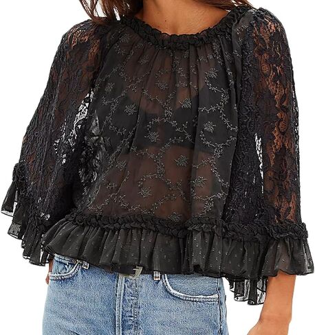 Women Flowy Lace Top Sheer Mesh Long Sleeve Crew Neck Ruffle Blouse Casual Loose Boho Tops in Saudi Arabia