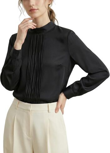 Solid Color Round Neck Long Sleeve Women's Silk Blouse with Pleated Front in Saudi Arabia