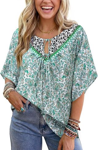 Vivilli Womens Boho Summer Tops 2026 Casual V Neck Short Sleeve Blouses Floral Flowy Shirts Tie Front Beach Vacation Clothes in Saudi Arabia
