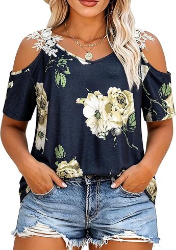 BLANCHES Plus Size Cold Shoulder Tops for Women Lace Floral Summer Tunic Short Sleeve Hawaiian Shirts Casual Blouses (XL-5XL) in Saudi Arabia