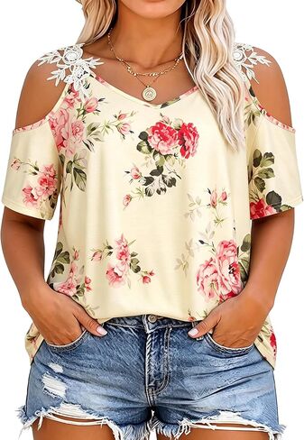 BLANCHES Plus Size Cold Shoulder Tops for Women Lace Floral Summer Tunic Short Sleeve Hawaiian Shirts Casual Blouses (XL-5XL) in Saudi Arabia