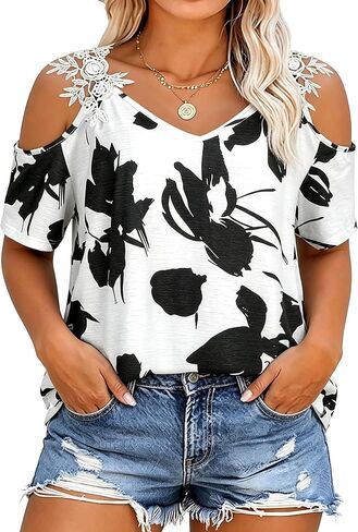 BLANCHES Plus Size Cold Shoulder Tops for Women Lace Floral Summer Tunic Short Sleeve Hawaiian Shirts Casual Blouses (XL-5XL) in Saudi Arabia
