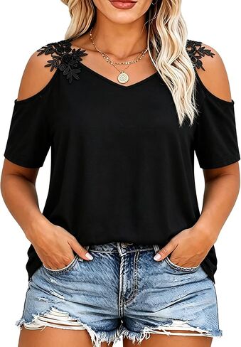 BLANCHES Plus Size Cold Shoulder Tops for Women Lace Floral Summer Tunic Short Sleeve Hawaiian Shirts Casual Blouses (XL-5XL) in Saudi Arabia