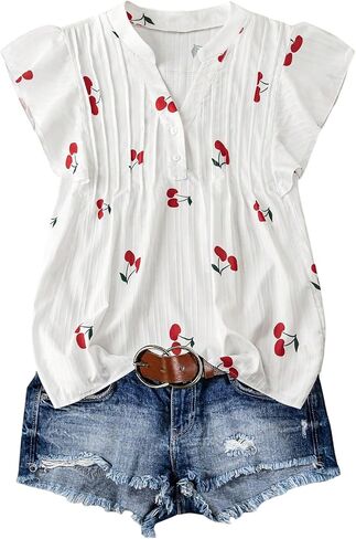 Women's Plus Size Tops Cherry Print Notched V Neck Ruffle Cap Sleeve Vacation Casual Blouse in Kuwait