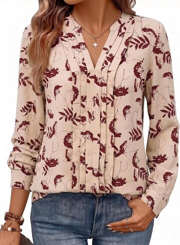 Women Tops Long Sleeve V Neck Floral-Print Blouse for Women Dressy Casual Loose Fit Work Shirts 2026 Trendy Clothes in Saudi Arabia