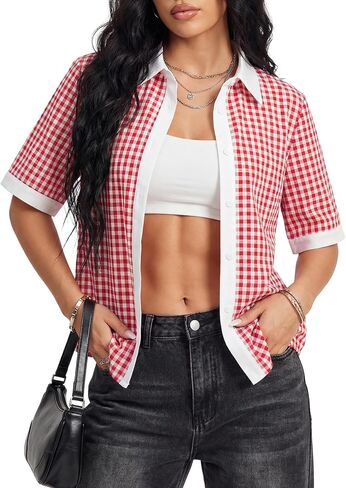 بلوزة LYANER نسائية من القطن منقوشة بياقة وأزرار سفلية وأكمام قصيرة Y2k Preppy in Kuwait