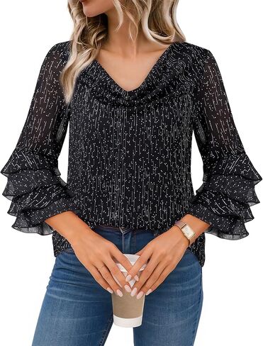 Lotusmile Cowl Neck Tops for Women Dressy Casual Fashion Ruffle Sleeve Work Shirt Elegant Chiffon Blouses in Saudi Arabia