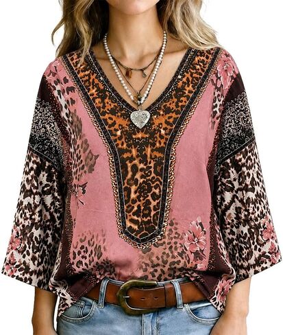 Women's Retro Leopard Flower Print V-Neck Top 3/4 Sleeve Casual Western Boho Blouse in Saudi Arabia