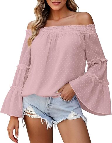 Off the Shoulder Womens Tops Dressy Spring Blouses Long Sleeve Boho Swiss Dot V Neck Dressy Causal Summer Shirts in Saudi Arabia