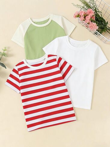 3 Pack Short Sleeve T-Shirts Cotton Crew Neck Tees Green White Red Casual Tops for Girls 5-9Y in Kuwait