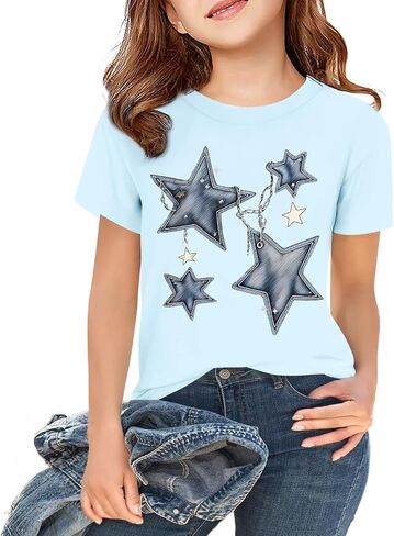 Star Graphic T Shirt for Girls Cotton Crewneck Summer Shirts Teen Girl Casual Tees Cute Tween Short Sleeve Tops in Saudi Arabia