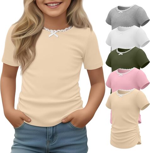 5 Pack Girl's Shirts Short Sleeve Lace Trim Crew Neck Tops Kids Basic Cute Easter Tees 5-14 Years in Saudi Arabia