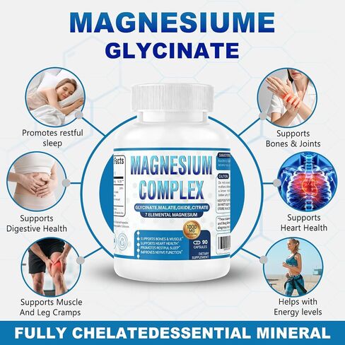 Magnesium Complex Supplement 7 Elemental 1000mg - Magnesium Glycinate, Citrate, Malate, Taurate, Chelated for Easy Absorption for Bones, Muscle, Recovery, Energy, Vegan Non-GMO 90 Capsules in Kuwait