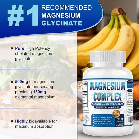 Magnesium Complex Supplement 7 Elemental 1000mg - Magnesium Glycinate, Citrate, Malate, Taurate, Chelated for Easy Absorption for Bones, Muscle, Recovery, Energy, Vegan Non-GMO 90 Capsules in Kuwait
